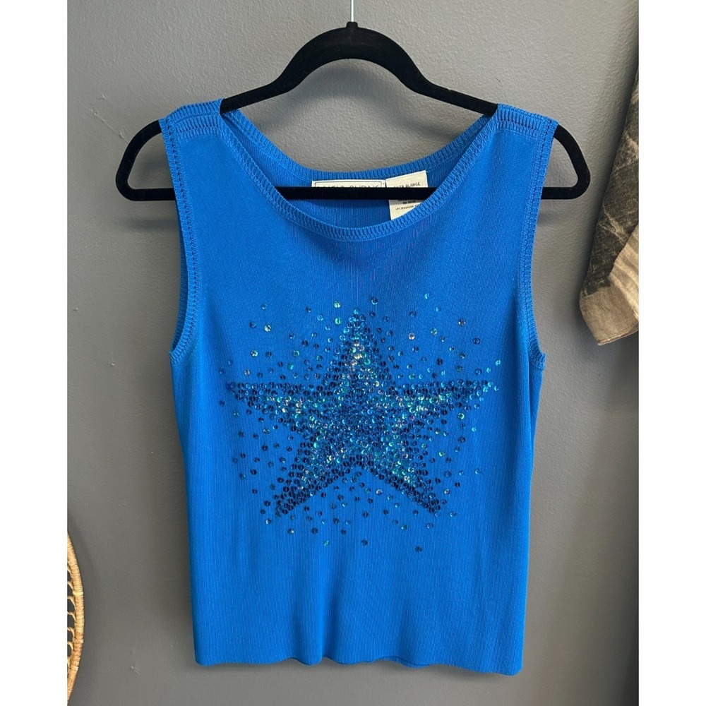Vintage Lucia Burns Womens XL Blue Sequin Star Tank Top Celestial Fairy Dopamine